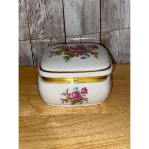 Vintage Colibri Sankyo Floral Porcelain Hinged Trinket Music Box Gold Trim Works
